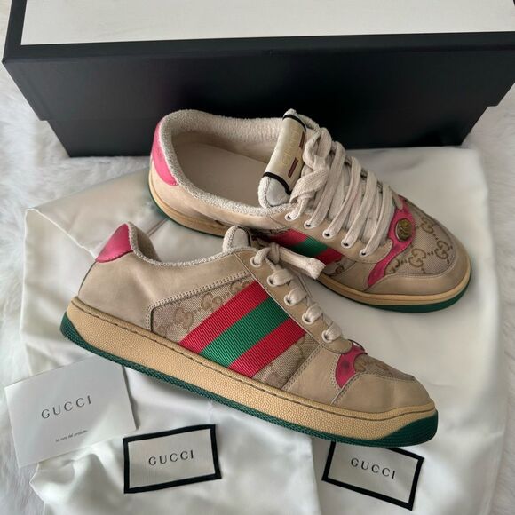 Gucci Pink Dirty Screener GG Leather Sneakers - Picture 1 of 14